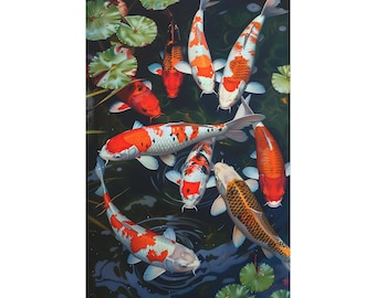 A collection of 9 koi fish in clear pond on backyard on oil painting on canvas wall art print. Feng Shui in koi fish painting for home decor