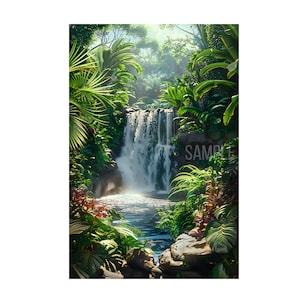 Photo of a stunning view of waterfall in tropical forest river in the morning on download digital wall art. Beautiful waterfall for decor.