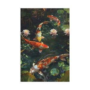 4 nice koi fish on the clear pond oil painting on canvas wall art print. Red white and orange koi fish and lotus painting for home decor.
