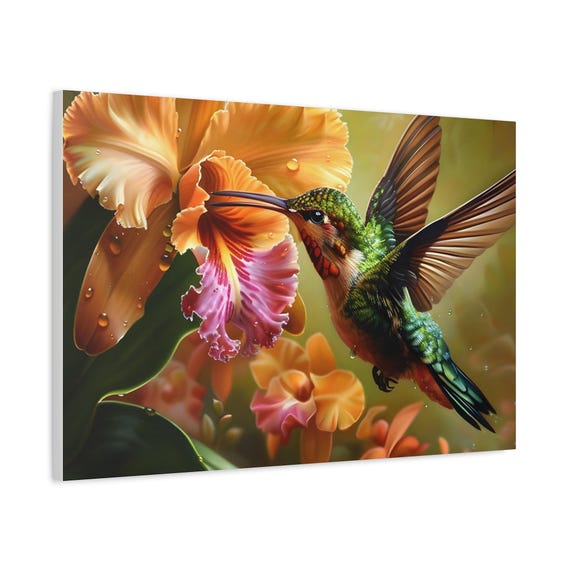 A Amazing Green Hummingbird on Orange Orchid Flower of Oil