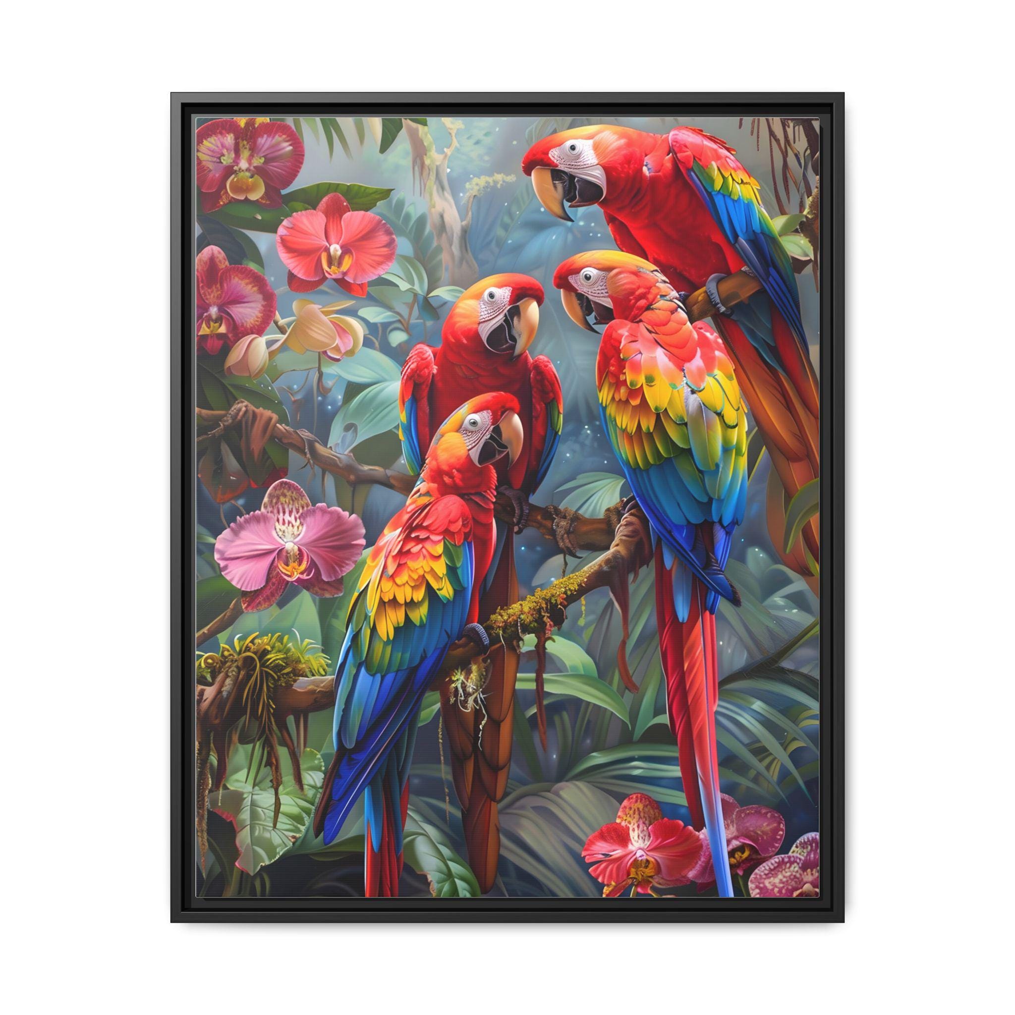 絵画 type ll Parrot Beautiful Red Parrots on the Tree and Orchid Flowers on the Forest