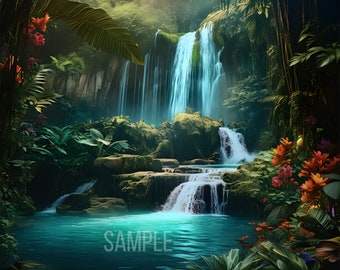 Beautiful Blue Waterfall With Flower On Tropical Forest On Instant Digital Download. Amazing Water Fall Photo For Wall Art Home decor. Jpg