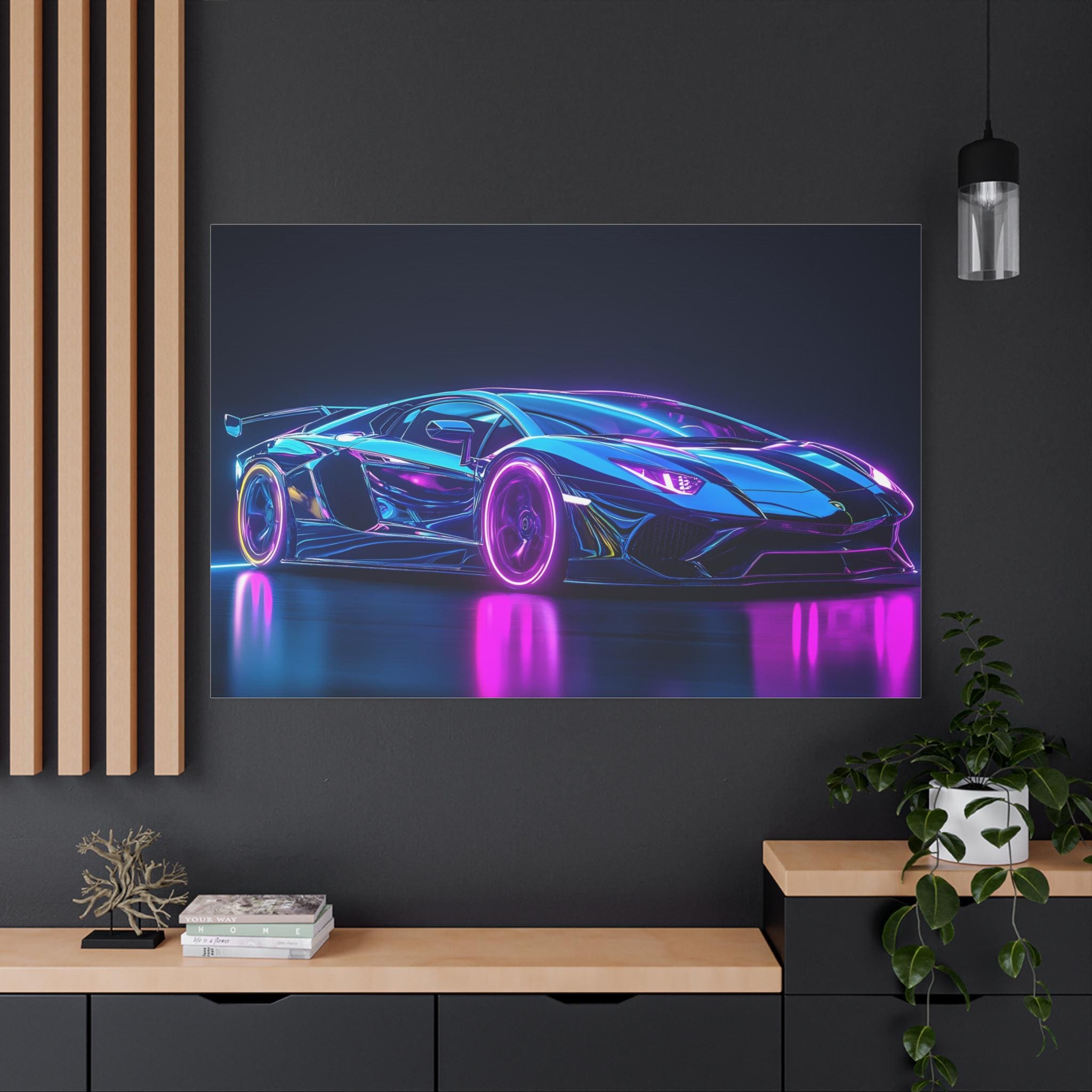 ランボルギーニ・アヴェンタドールのスーパーカーを青いネオンカラーで