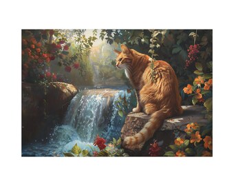 Orange Tabby Cat cat and a waterfall on oil painting style on canvas wall decor art print. Cute pet poster for cat lover gift.