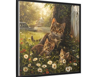 裏庭の花の上にいる母猫と 2 匹の子猫を描いた油絵。キャンバス