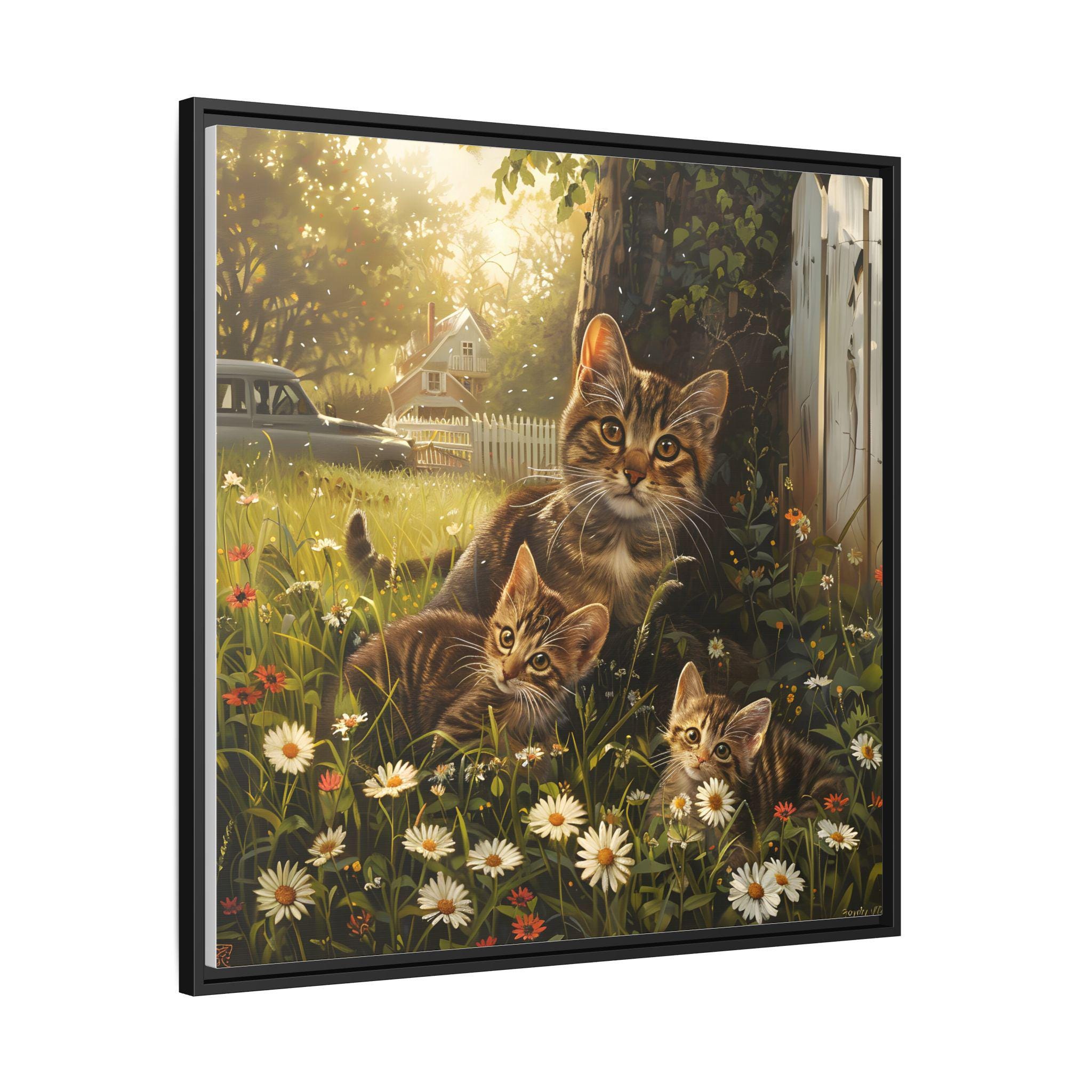 裏庭の花の上にいる母猫と 2 匹の子猫を描いた油絵。キャンバス
