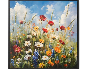 Wall Art Print, Spring Meadow Oil Painting, Matte Canvas, Framed, Flowers Poster, Stunning Wildflowers Gift