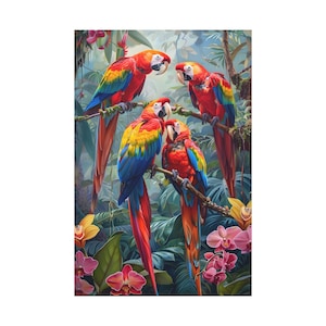 4 red parrots on the tree surrounded flowers on the tropical forest of oil painting on canvas wall art print. Home decor of cool parrot bird