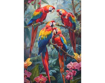 4 red parrots on the tree surrounded flowers on the tropical forest of oil painting on canvas wall art print. Home decor of cool parrot bird