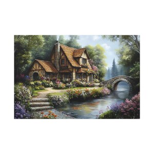 House Canvas Print, River Landscape Wall Art, Oil Painting Home Decor, House Garden Artwork, Nature Scene Print