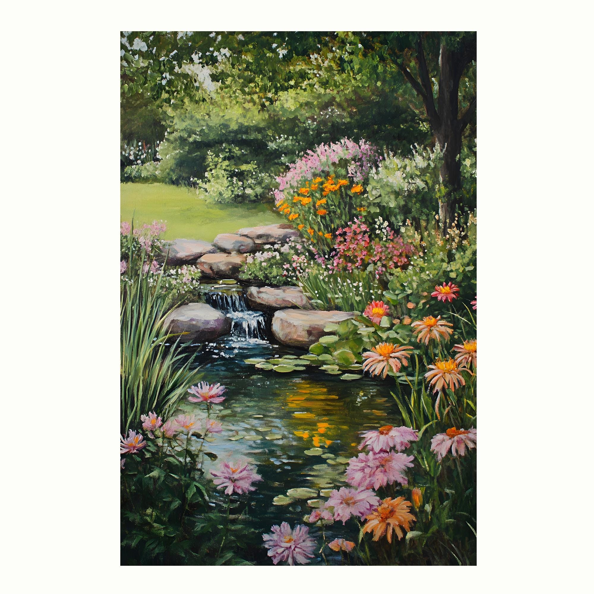 Canvas Print Wall Art, Beautiful Garden Pond on Backyard, Oil
