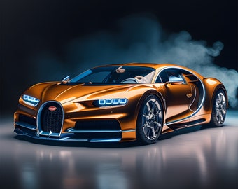 Orange Blue Bugatti Chiron With Smoke On Digital Download Wall Art. Bugatti Chiron Super Car Poster Home Decor. JPG