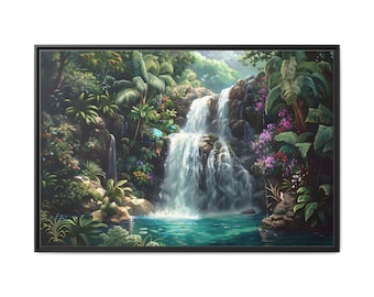 Beautiful tropical waterfall and blue pond oil painting on canvas wall art print. Waterfalls with flowers on river painting for home decor.