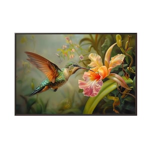 A beautiful catleya orchid flower and hummingbird of oil painting on canvas wall art print. Hummingbird painting gift for bird lover.