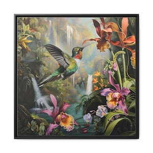 A nice hummingbird flying on orchid flowers on waterfalls of oil painting on canvas wall art print. Nice gift for bird lover. Square Style.