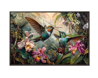 Schöner blauer Kolibri und Blumen Ölgemälde auf Leinwand Kunstdruck. Bestes Kolibrimalereigeschenk für Vogelliebhaber.