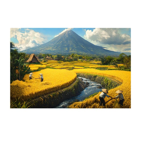 キャンバスウォールアートプリント、水田を収穫する農家の油絵、熱帯の