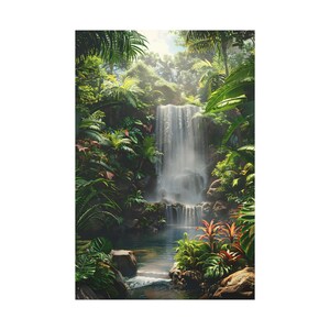 Amazing view photo of waterfall in tropical forest in the morning on canvas wall art print. Beautiful Waterfall in the river for home decor.