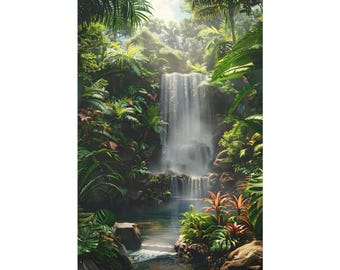 Amazing view photo of waterfall in tropical forest in the morning on canvas wall art print. Beautiful Waterfall in the river for home decor.
