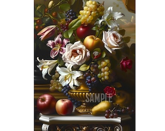 Beautiful flowers & fruits still life oil painting on the table digital download wall art. Apple, grape fruit, rose lily flower home decor