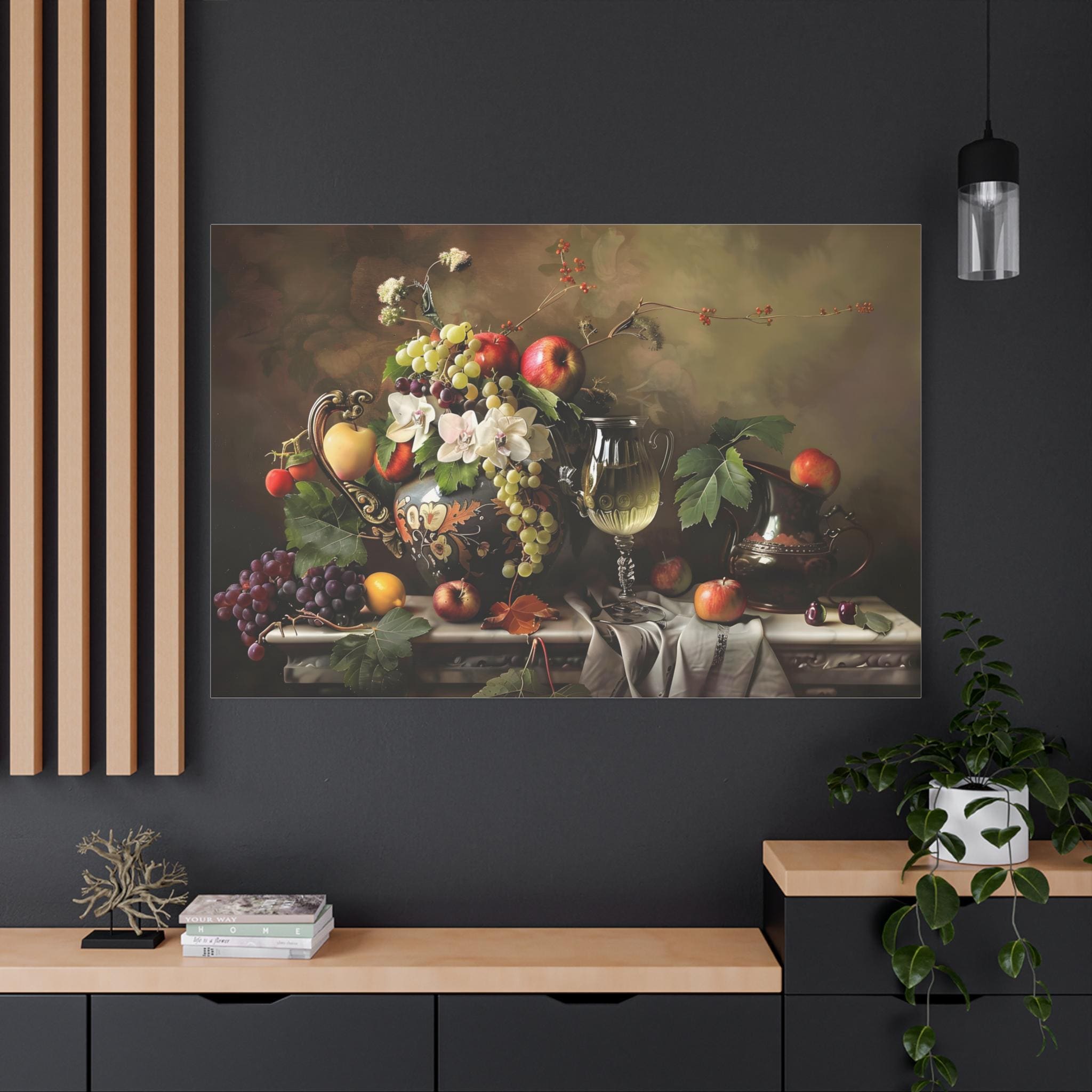 Quadro Su Tela Natura Morta Con Frutta E Pane – Stile Rustico, 70x100 Cm, Senza Cornice, Per Cucina E Soggiorno