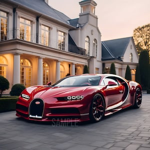 Red Bugatti Parked On  Luxury Mansion On Digital Download Wall Art. Bugatti Chiron Super Car Poster Home Decor. JPG