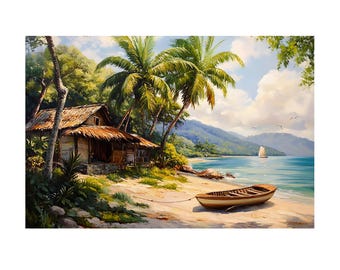 木版画『Tropical paradise 』 Lost Paradise- Original Acrylic Painting of an Exotic Beach With