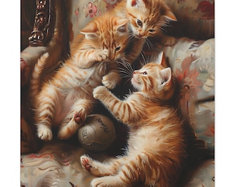 3 cute kittens are playing ball together on the couch oil painting on canvas wall art print. kitten pet animal painting for pet lover gift.