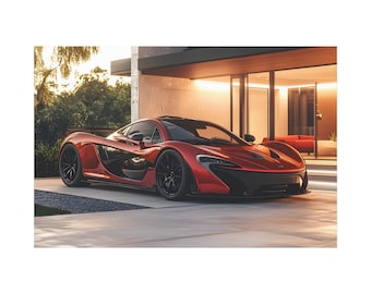 Beautiful red mclaren p1 car on the front of house on canvas wall art print.Photo of red mclaren p1 supercar on front yard for home decor.