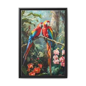A pair parrots bird in love on the tree on forest of oil painting on canvas wall art print. Beautiful parrot bird painting for home decor.
