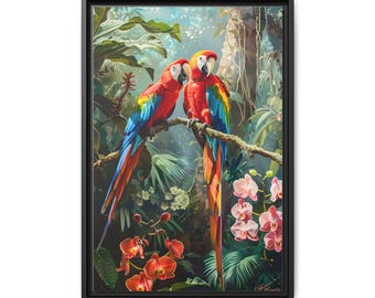 A pair parrots bird in love on the tree on forest of oil painting on canvas wall art print. Beautiful parrot bird painting for home decor.