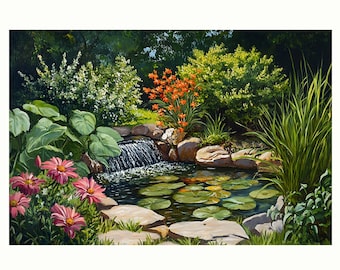 Stunning Garden Pond Modern Oil Painting Poster, Canvas Wall Art Print, Stretched Matte Artwork, Home Decor, Gift for Nature Lovers, Office