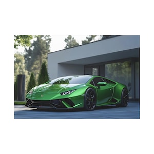 Hermoso Lamborghini Huracán verde en la fachada de una casa, sobre lienzo. Bonita foto de un Lamborghini Huracán para decorar el hogar.