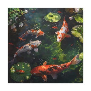 4 big koi fish swimming on oil painting on canvas wall art print. Feng shui. Beautiful koi fresh water fish painting for home decor.