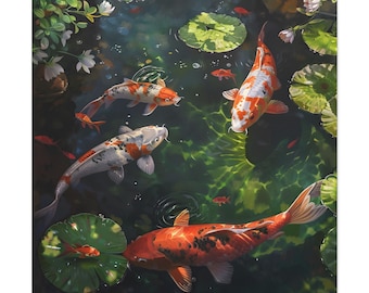 4 big koi fish swimming on oil painting on canvas wall art print. Feng shui. Beautiful koi fresh water fish painting for home decor.