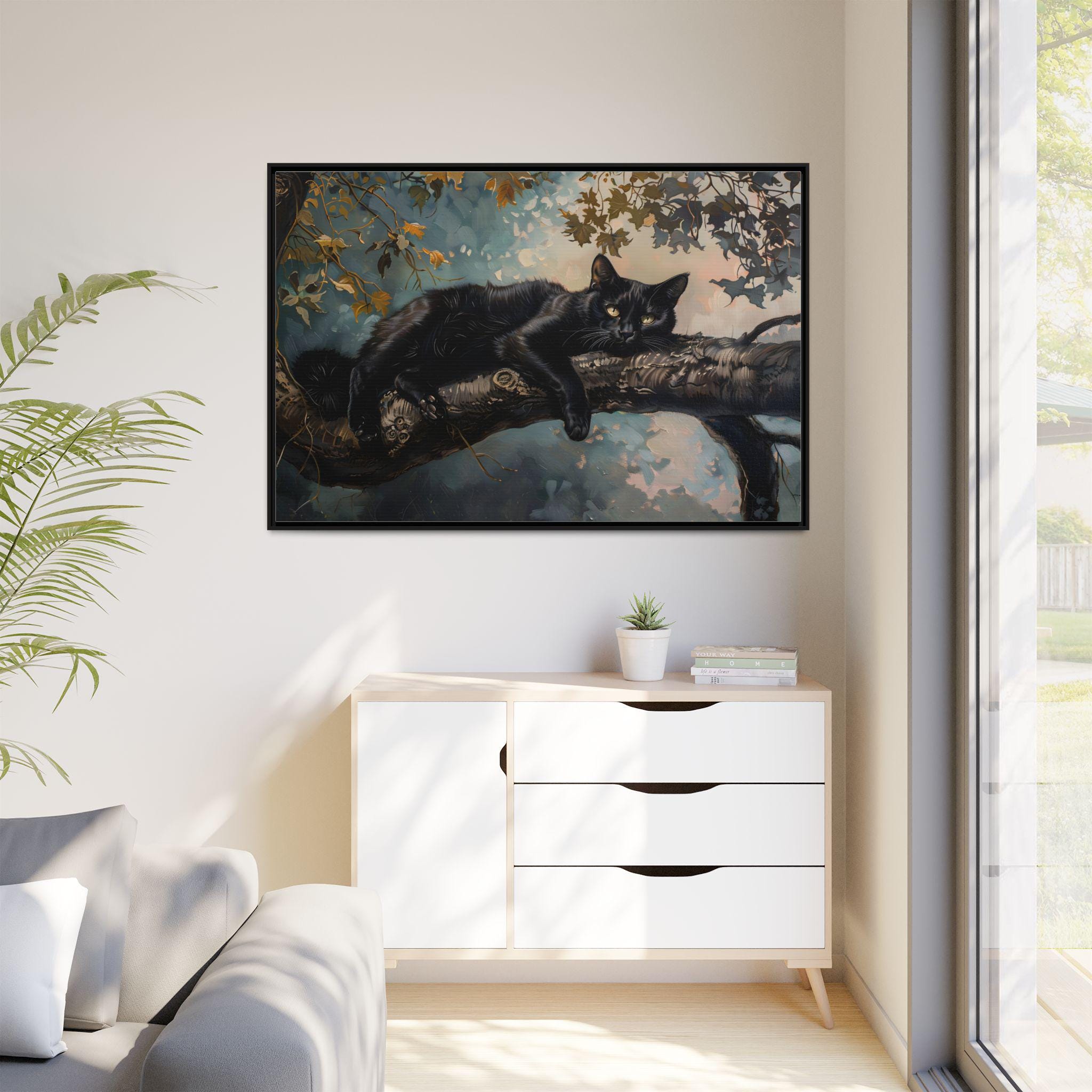 木に寝そべるクールな黒猫の油絵（キャンバスウォールアートプリント