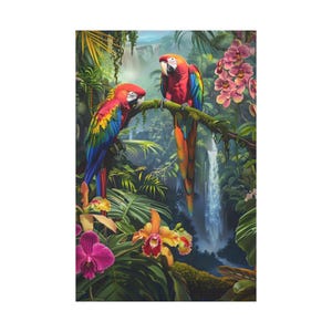 Red blue parrots on a tree with orchid flowers on the forest of oil painting on canvas wall art print. Nice parrot bird for home decor.