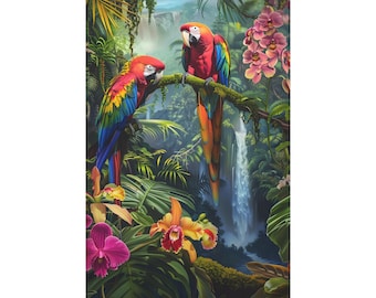 Red blue parrots on a tree with orchid flowers on the forest of oil painting on canvas wall art print. Nice parrot bird for home decor.
