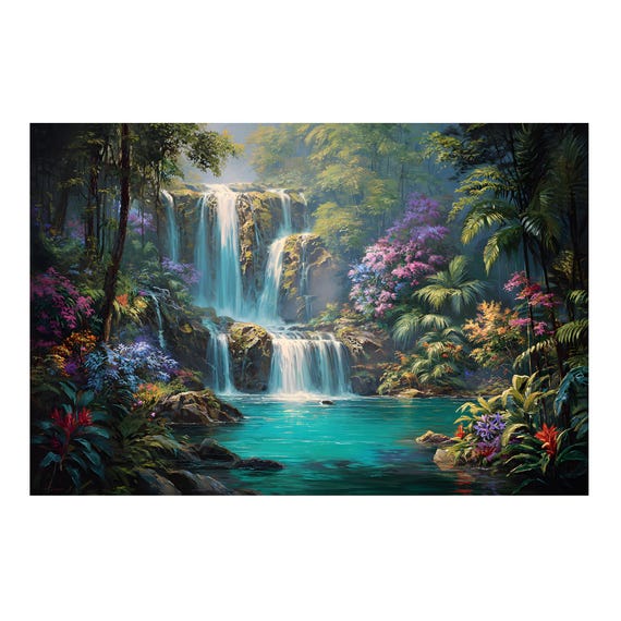 美しい青い池の滝と熱帯の川の油絵、キャンバスの壁アートプリント