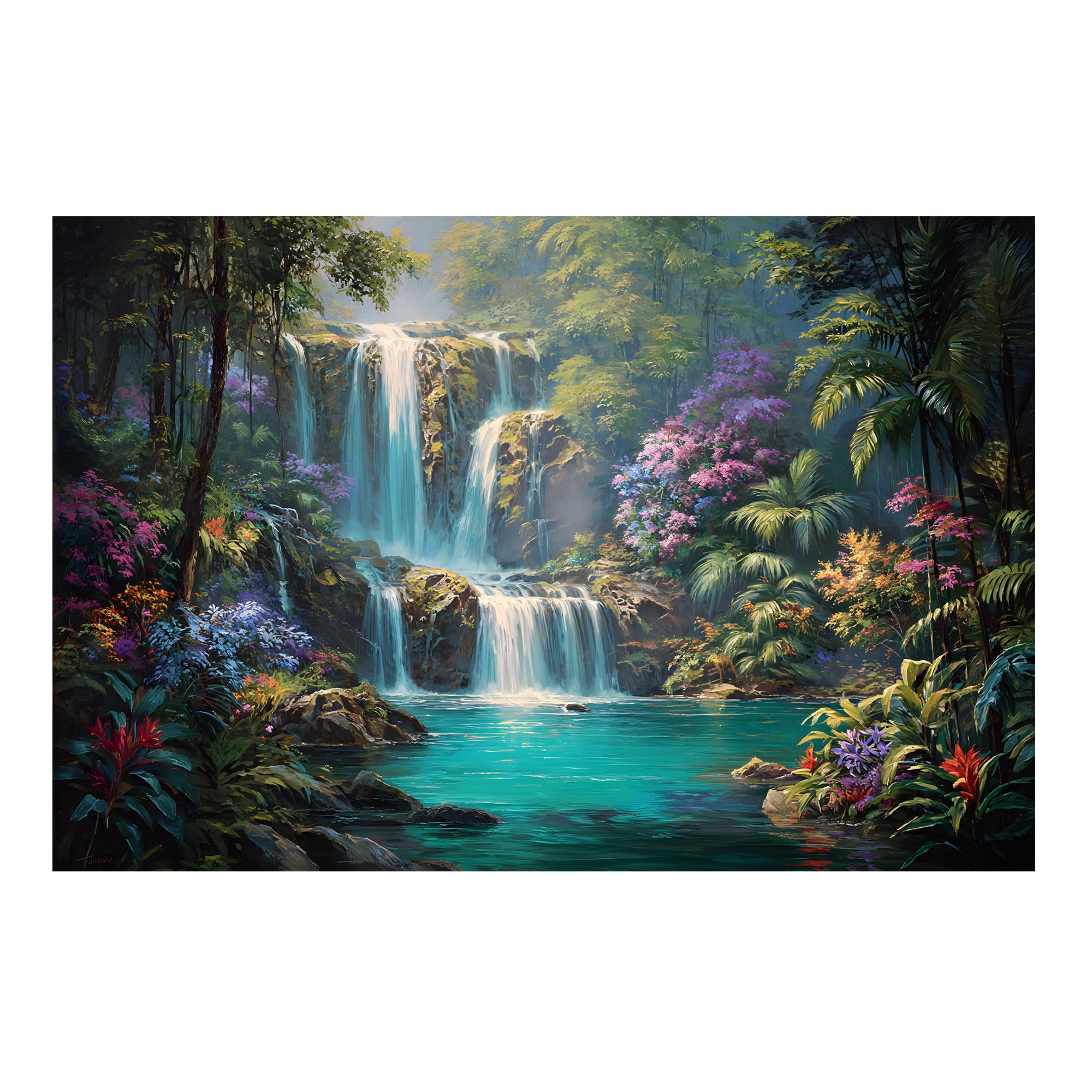 綺麗な滝の油絵 サイン入り  F0サイズ 絵画 日本 白神山地の滝の風景 インテリアアート額付き 水彩画・油絵風