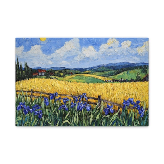 Iris Flower and Wheat Field Landscape Van Gogh Style Oil Painting
