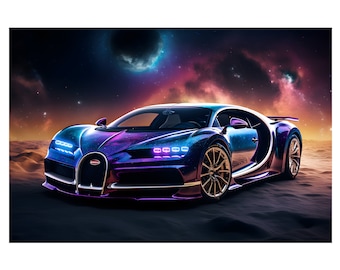 Bugatti Chiron In Space and Galaxy on Digital Download Wall Art. Beautiful Bugatti Chiron Supercar Poster For Home Decor. Jpg