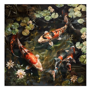 6 beautiful koi fish swimming in the water on oil painting digital download wall art. Feng shui. Cool koi fish painting for home decor.
