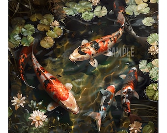 6 beautiful koi fish swimming in the water on oil painting digital download wall art. Feng shui. Cool koi fish painting for home decor.
