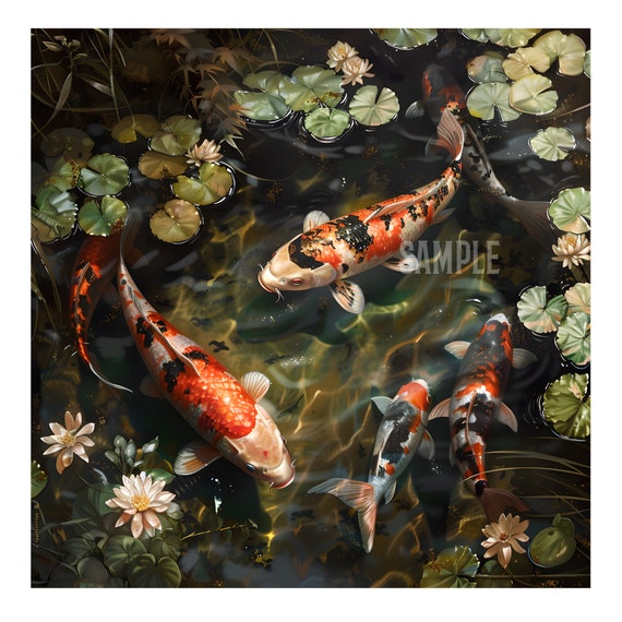 水中を泳ぐ6匹の美しい鯉の油絵デジタルダウンロード壁アート。風水