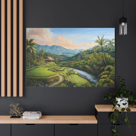 風景画　熱帯　バリ島　油彩 バリ島の山の美しい緑の田んぼの風景油絵キャンバス壁アートプリント