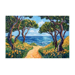 Beautiful Beach Landscape and big Trees on Van Gogh Style Oil Painting On Canvas Wall Art Print. Natural Home Decor, Gift for Nature lover