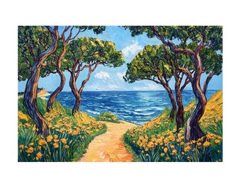 Beautiful Beach Landscape and big Trees on Van Gogh Style Oil Painting On Canvas Wall Art Print. Natural Home Decor, Gift for Nature lover