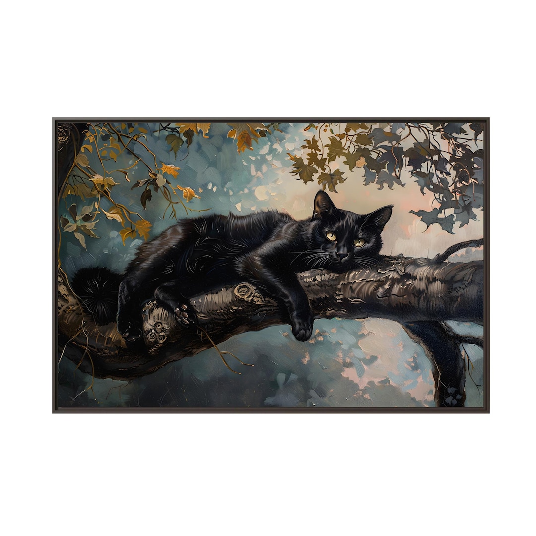 木に寝そべるクールな黒猫の油絵（キャンバスウォールアートプリント