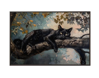 木に寝そべるクールな黒猫の油絵（キャンバスウォールアートプリント